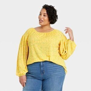 Ava & Viv Yellow Floral Waffle Stretch Top Plus Size 1X